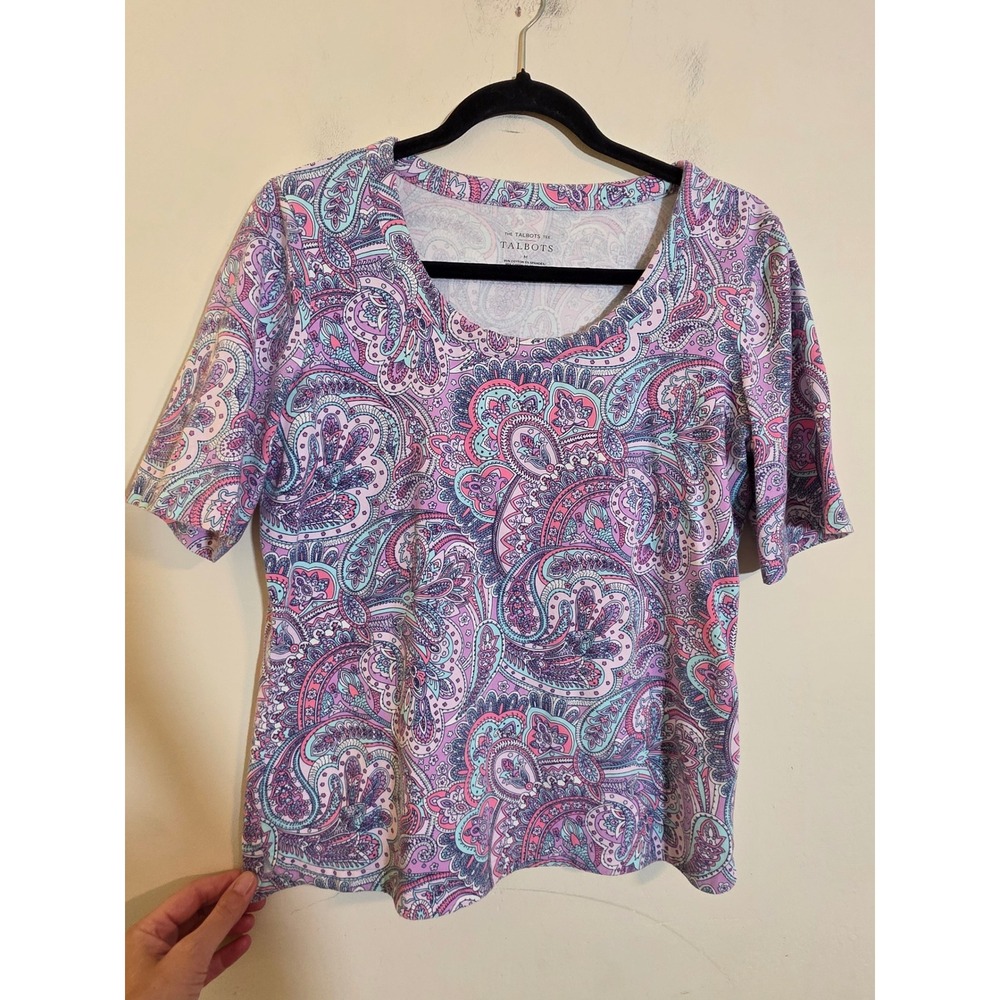Talbots Womens Purple Pink Paisley Short Sleeve Scoop Neck Tee Shirt Size M